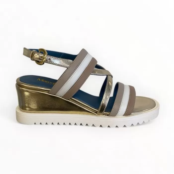 Marco Moreo Wedges- White/Taupe & Gold Wedge Sandal