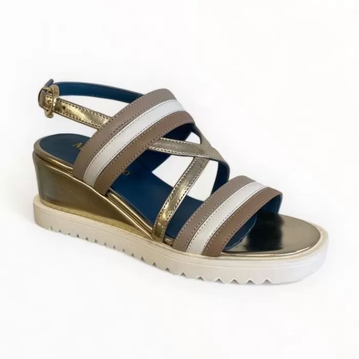 Marco Moreo Wedges- White/Taupe & Gold Wedge Sandal