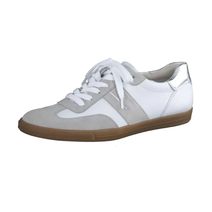 Paul Green Trainers- Pearl White & Grey Retro Trainer Pearl White With Gray And Silver Trim